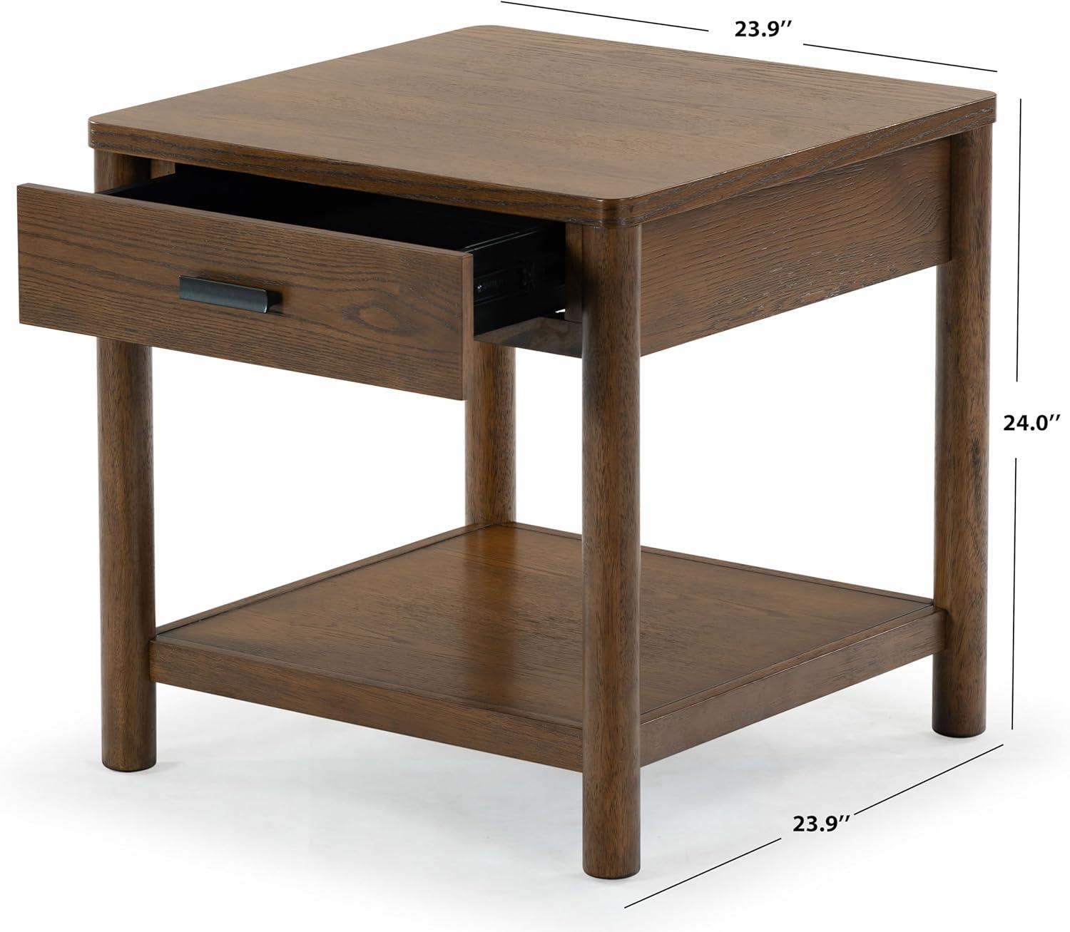 Medium Oak Wood and Metal End Table with Storage Drawer