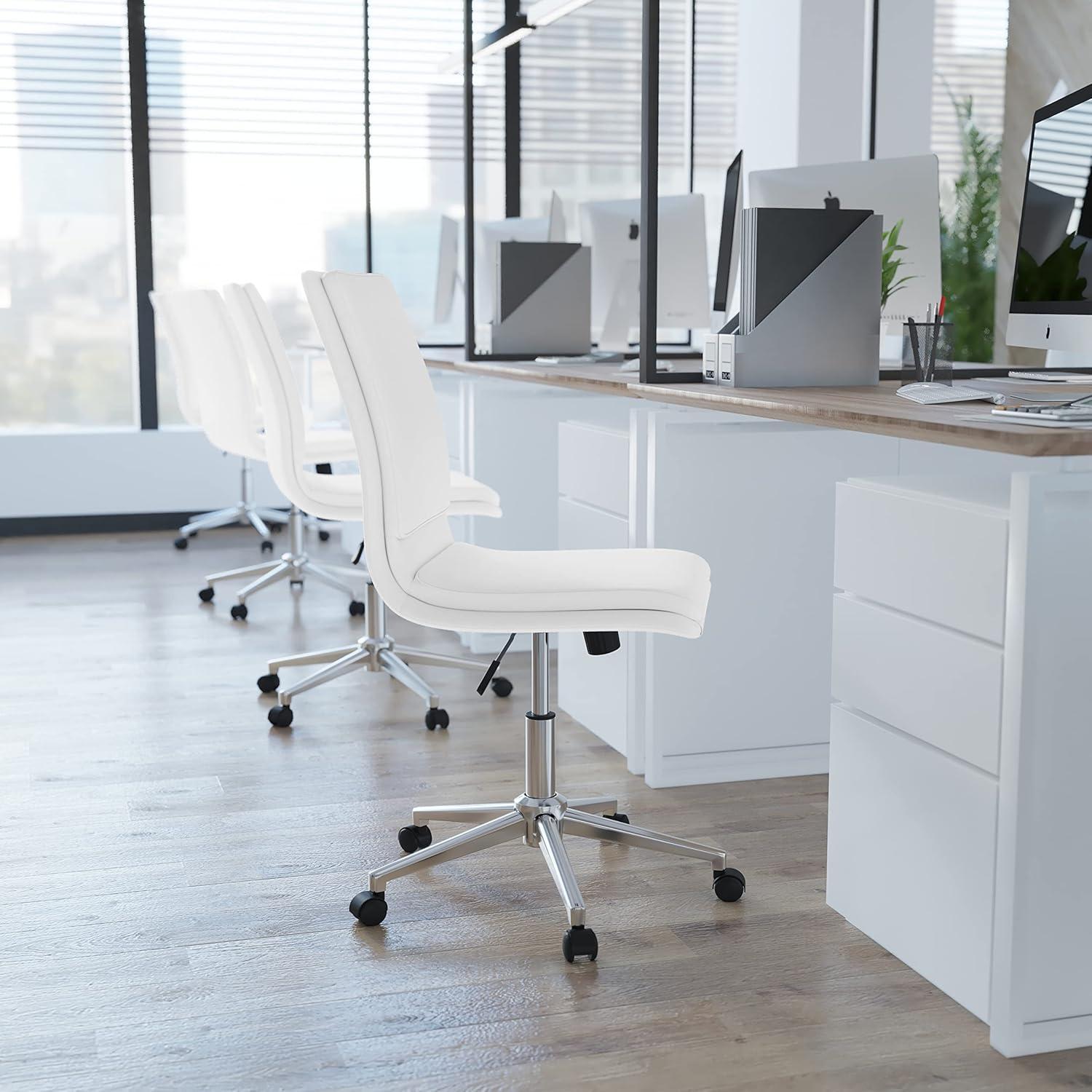 Flash Furniture Madigan Mid-Back Armless Swivel Task Office Chair with LeatherSoft and Adjustable Chrome Base, White