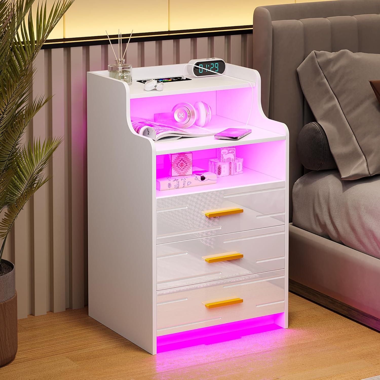 HNEBC Smart LED Nightstand with Wireless Charging & USB Ports, High Glossy Night Stand with 3 Drawers and 1 Pull-Out Tray, Modern Bedside Table with Human Sensor for Bedroom (White)