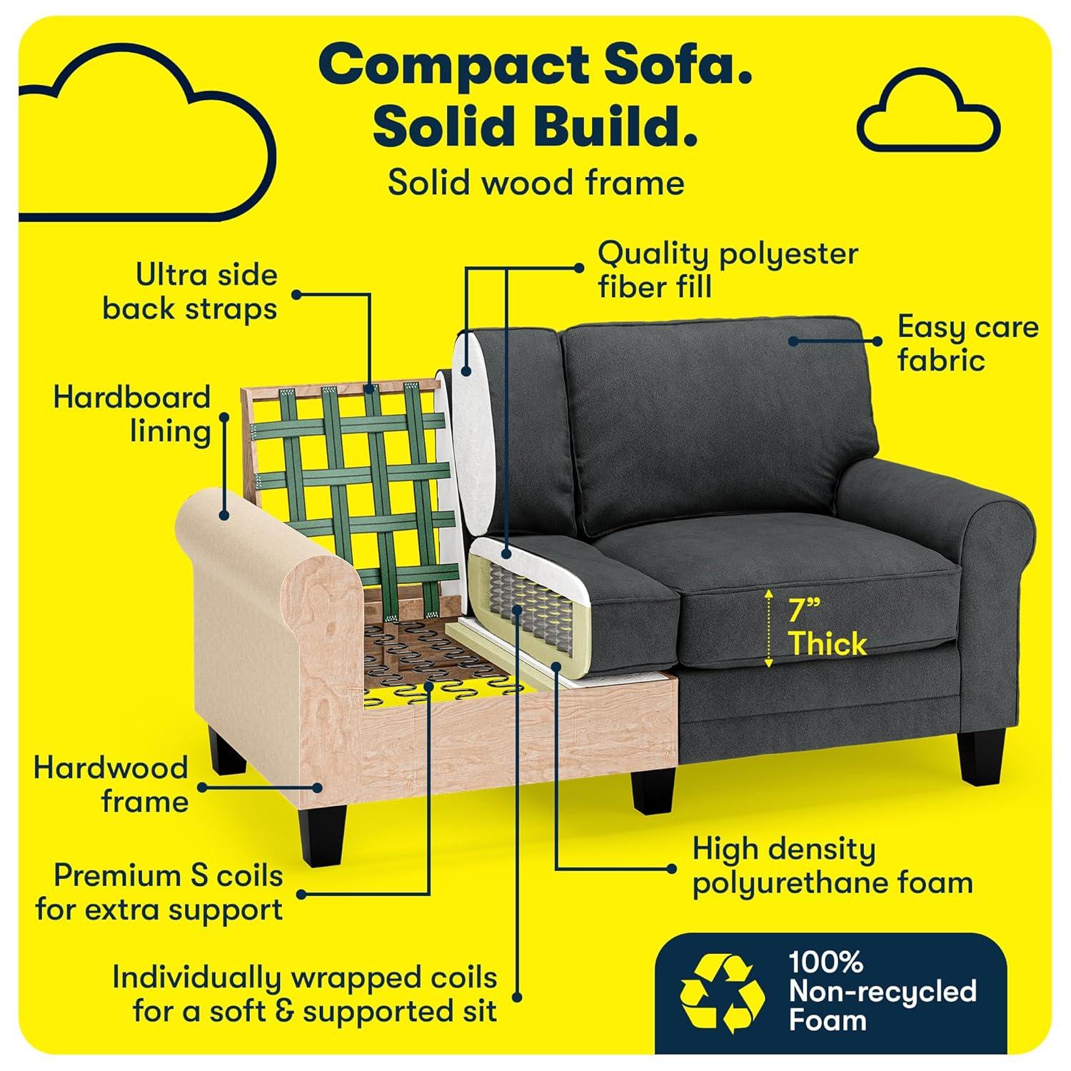 Serta Copenhagen 61" Rolled Arm Sofa, Easy Care Fabric, Soft Pillow Back, Pocket Coil Seat Cushions