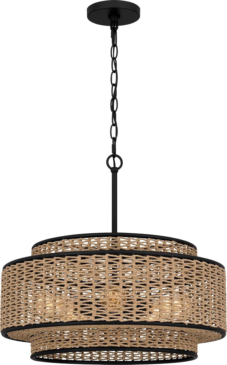 Matte Black and Natural Rope Drum Pendant Light, 5-Light