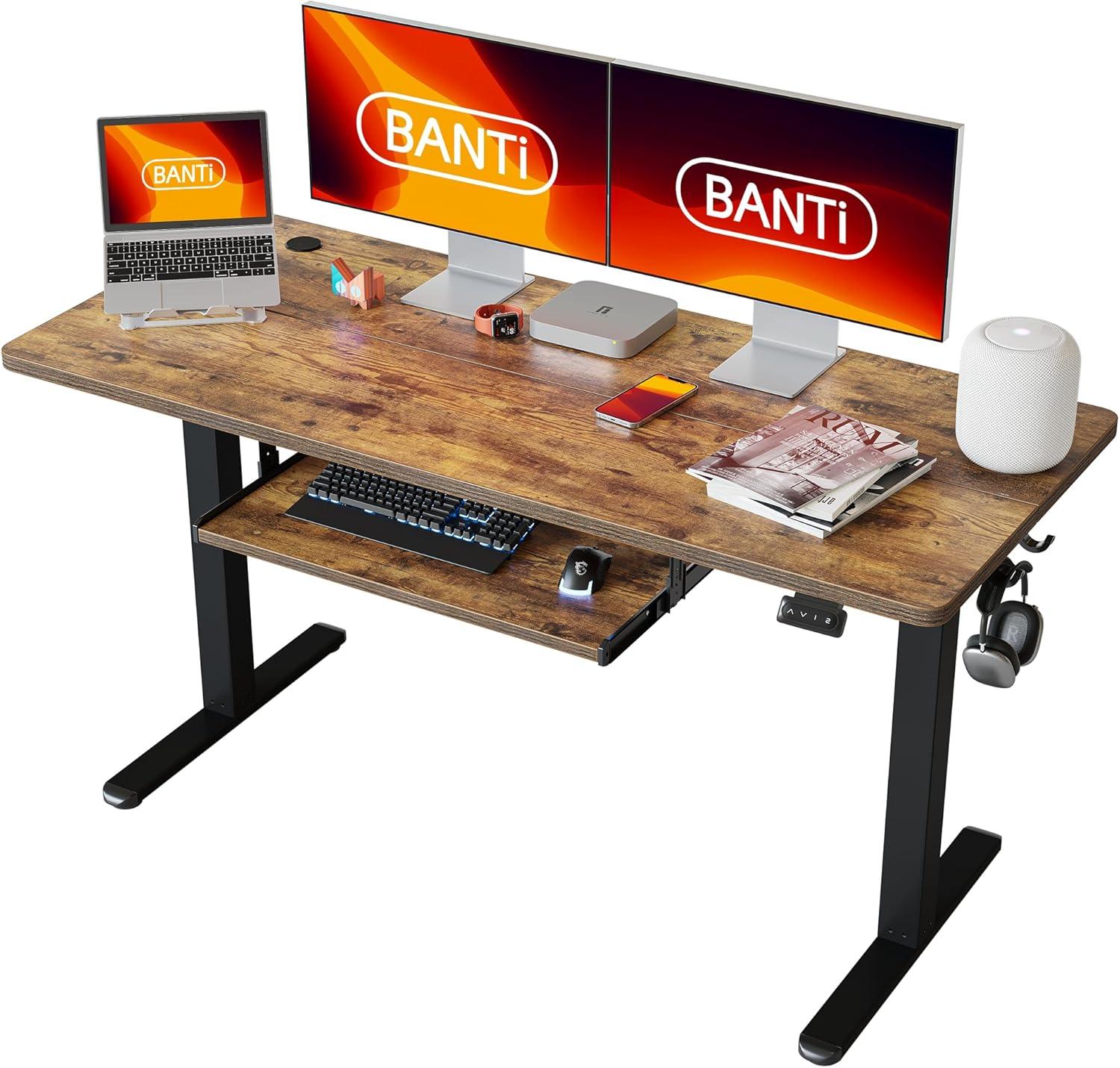 BANTI 55" x 24" Height Adjustable Electric Standing Desk with Keyboard Tray, Sit Stand up Desk with Splice Board, Black Frame/Rustic Brown Top
