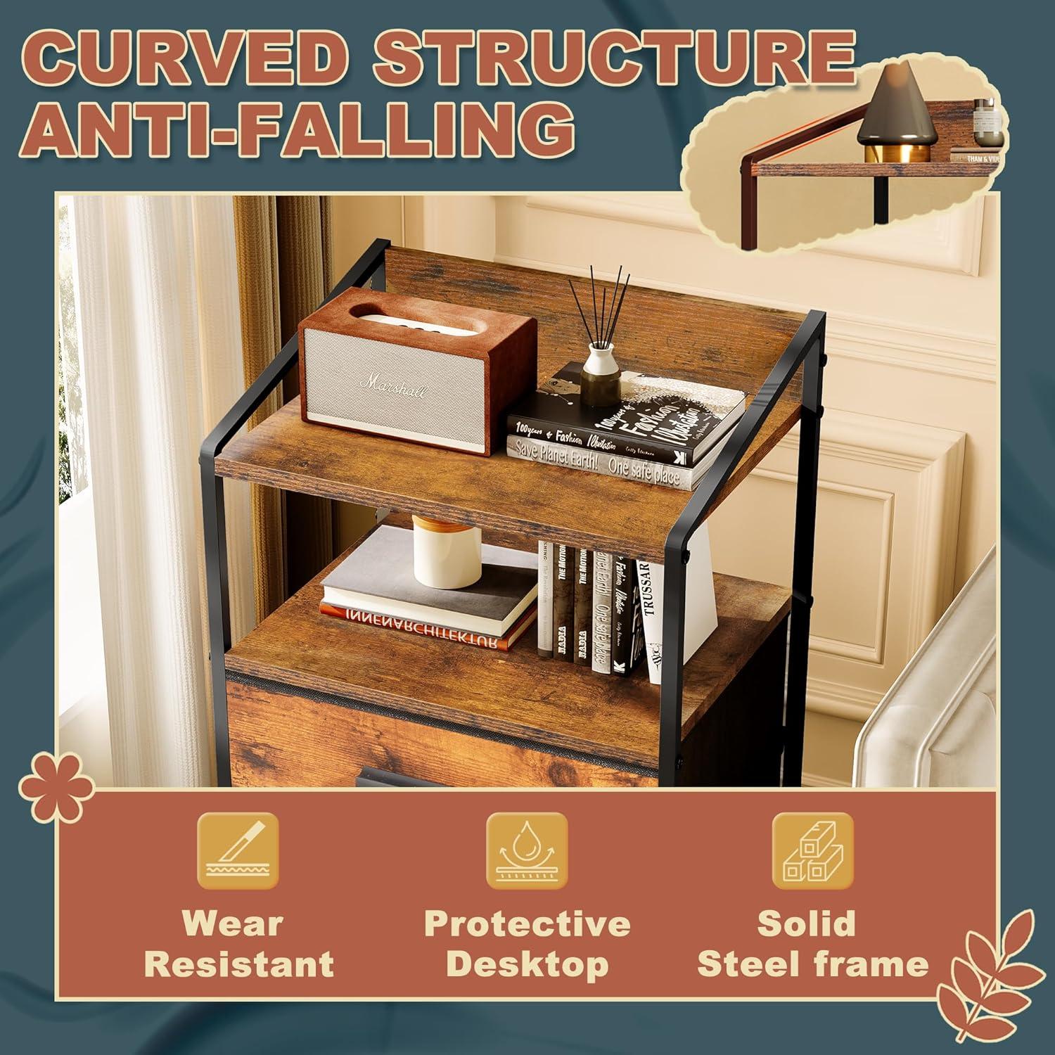 Nightstand Drawer Dresser, Vertical Side Table with Fabric Drawers 3-drawer