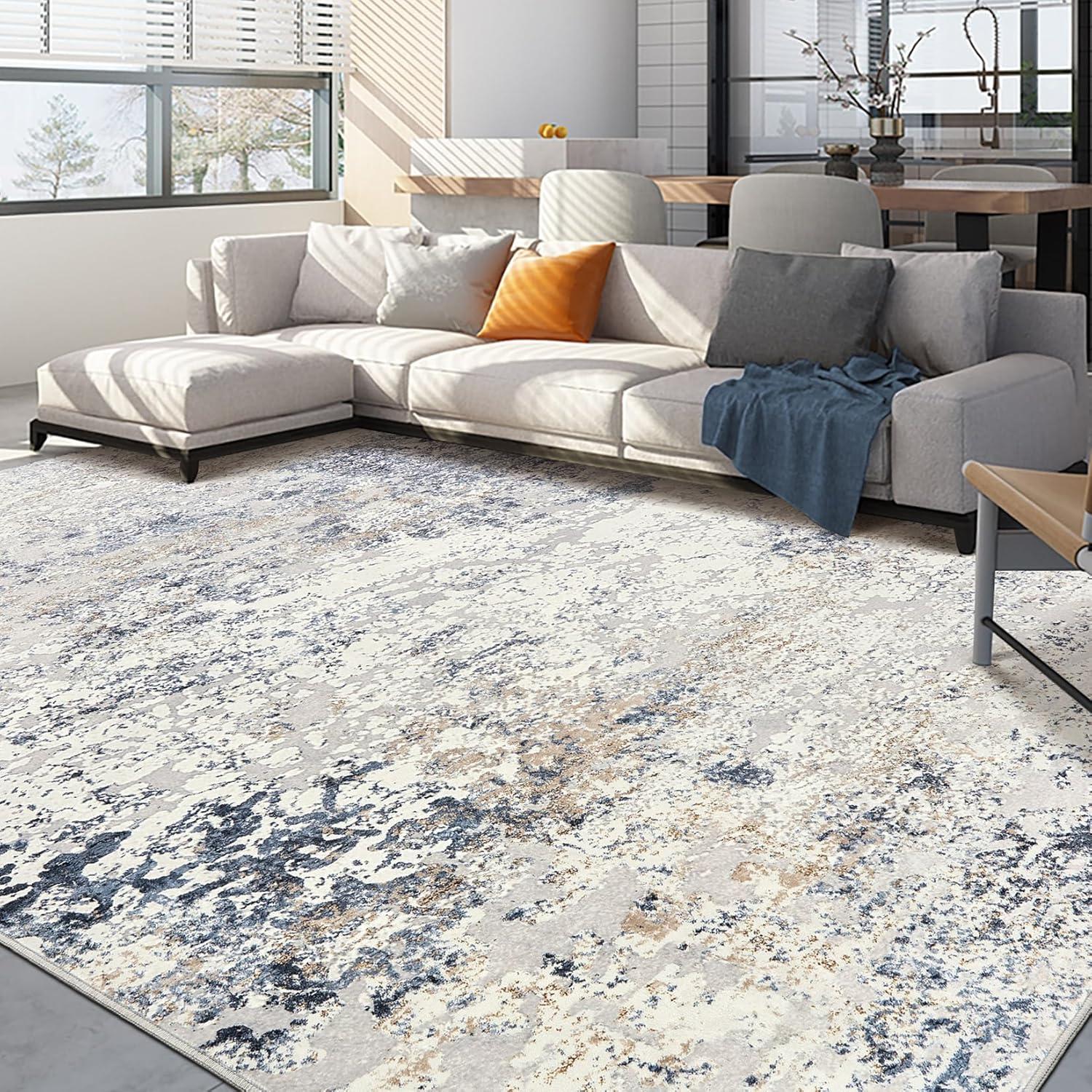 Area Rug Living Room Rugs - 5x7 Abstract Large Soft Indoor Washable Rug Neutral Modern Low Pile Carpet for Bedroom Dining Room Farmhouse Home Office - Beige Blue