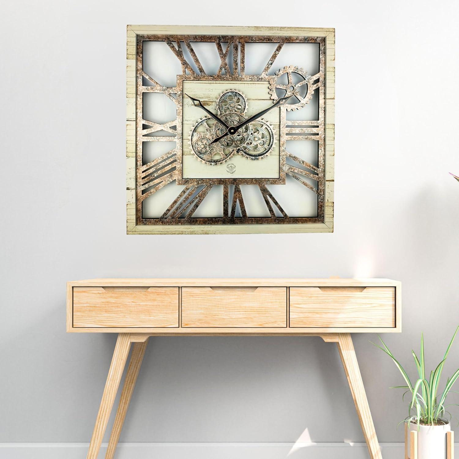 Wall Clock 24" Square Oversized for Living Room decor with Real Moving Gears America Collection