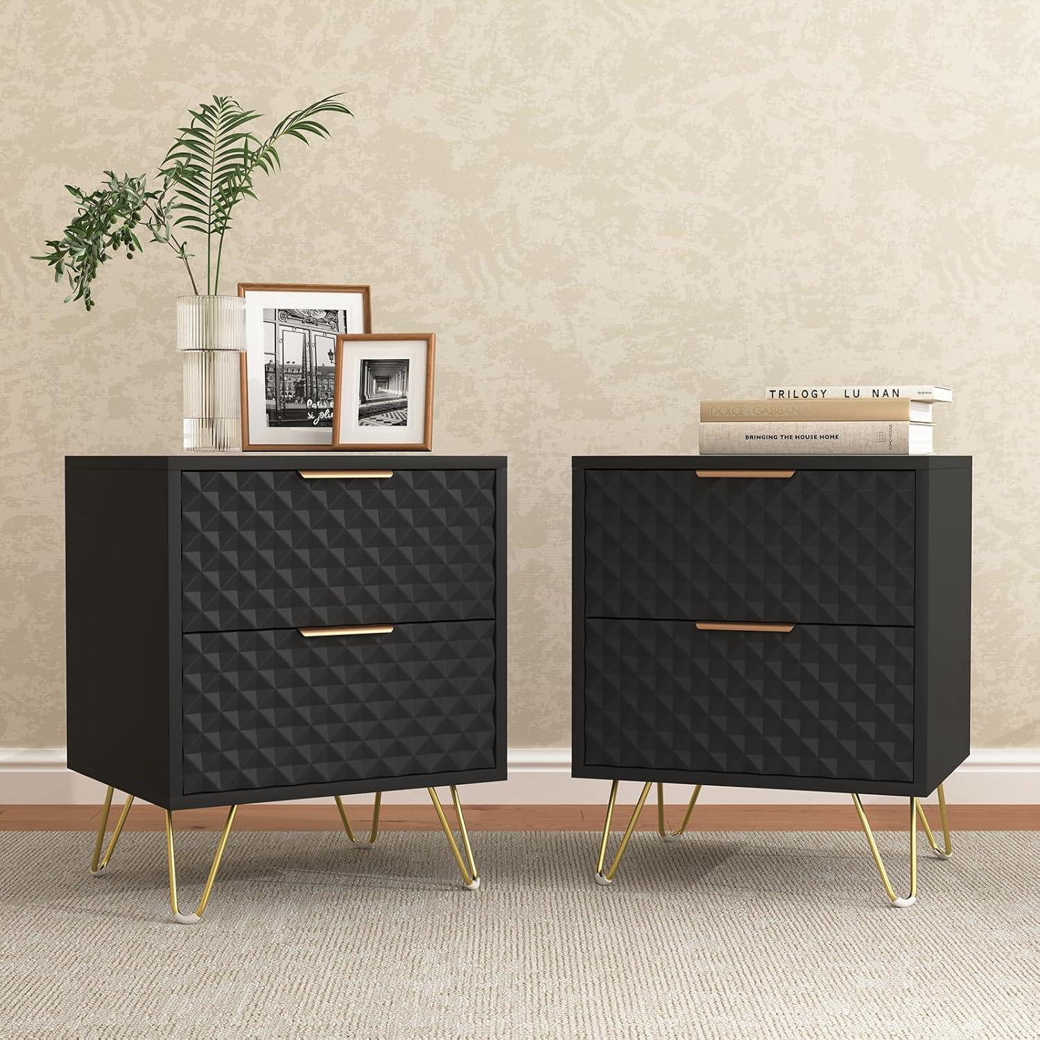 White and Gold Nightstand Set of 2,Modern Bedside Table with 2 Drawer for Bedroom,End Side Table with Gold Legs for Living Room,White Night Stand Set 2 for Bedroom