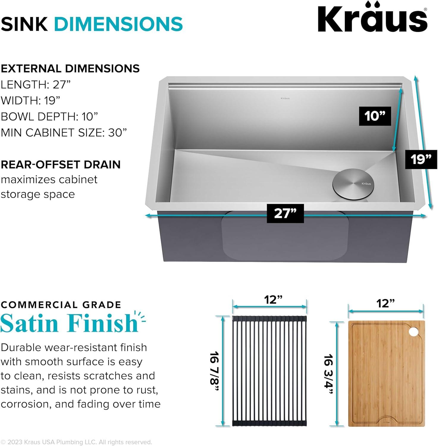 KRAUS Kore™ Workstation 27-inch L Undermount 16 Gauge Single Bowl Stainless Steel Kitchen Sink with Accessories