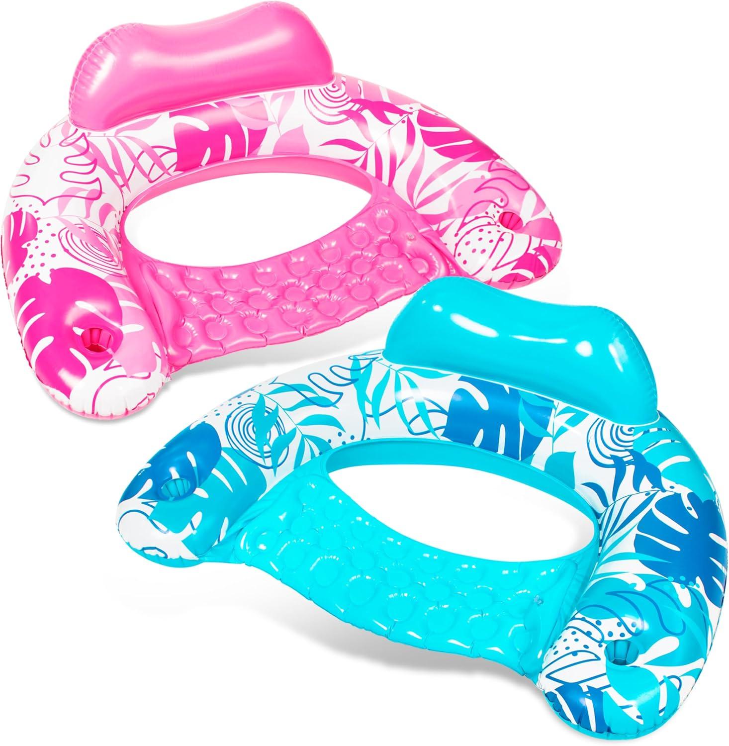SLOOSH Inflatable Pool Floats Adult,2 Pack Pool Chairs with Cup Holders,Blow up Floats Chair,Hammock Noodle Mat Leaves Design for Relaxing Summer Water Fun Swimming Party Beach