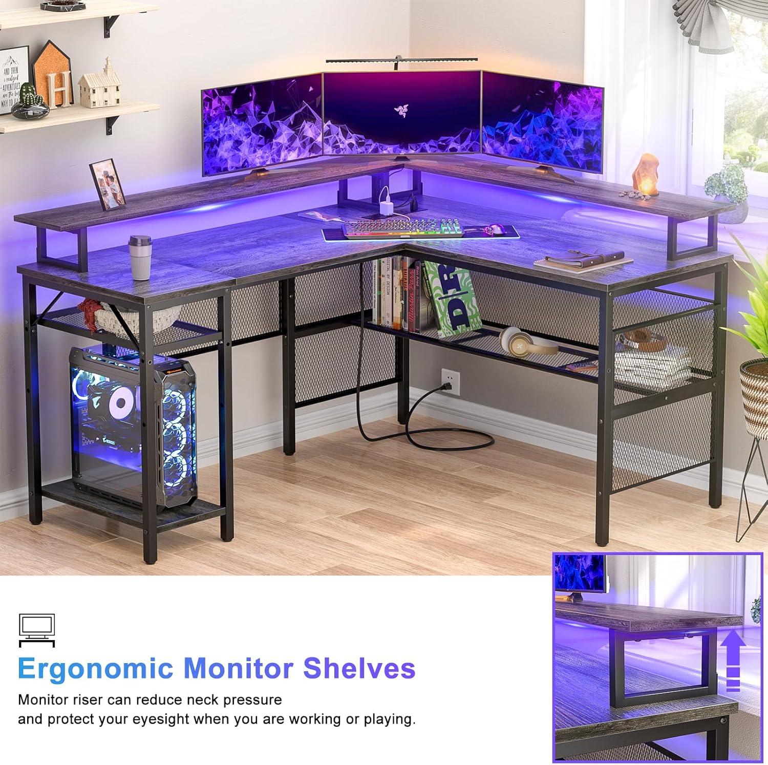 Unikito Reversible L Shaped Desk with Power Outlets and RGB LED Light, Sturdy Computer Desk with Ergonomic Monitor Stand and Storage Shelves, Corner Desk for Home Office, Easy Assembly, Black Oak