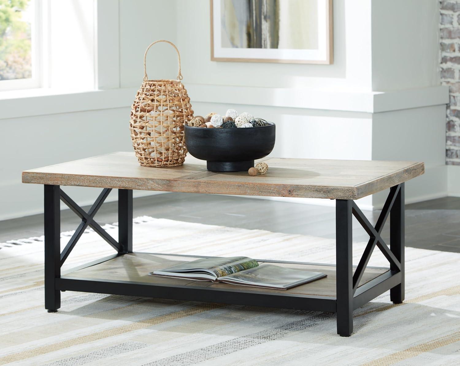 Transitional Rectangular Wood and Metal Coffee Table, Black/Brown