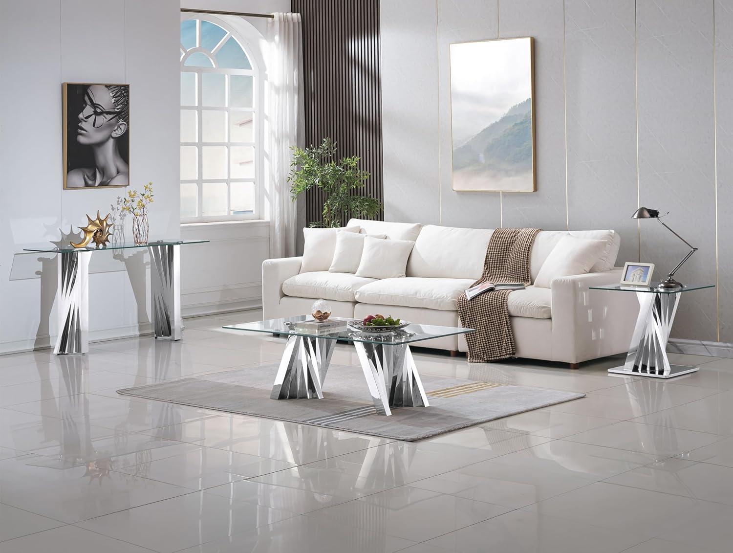 Ssline Silver Mirror Finish Stainless Steel Base End Table with Tempered Glass Top,Size 22.84*22.84*21.65