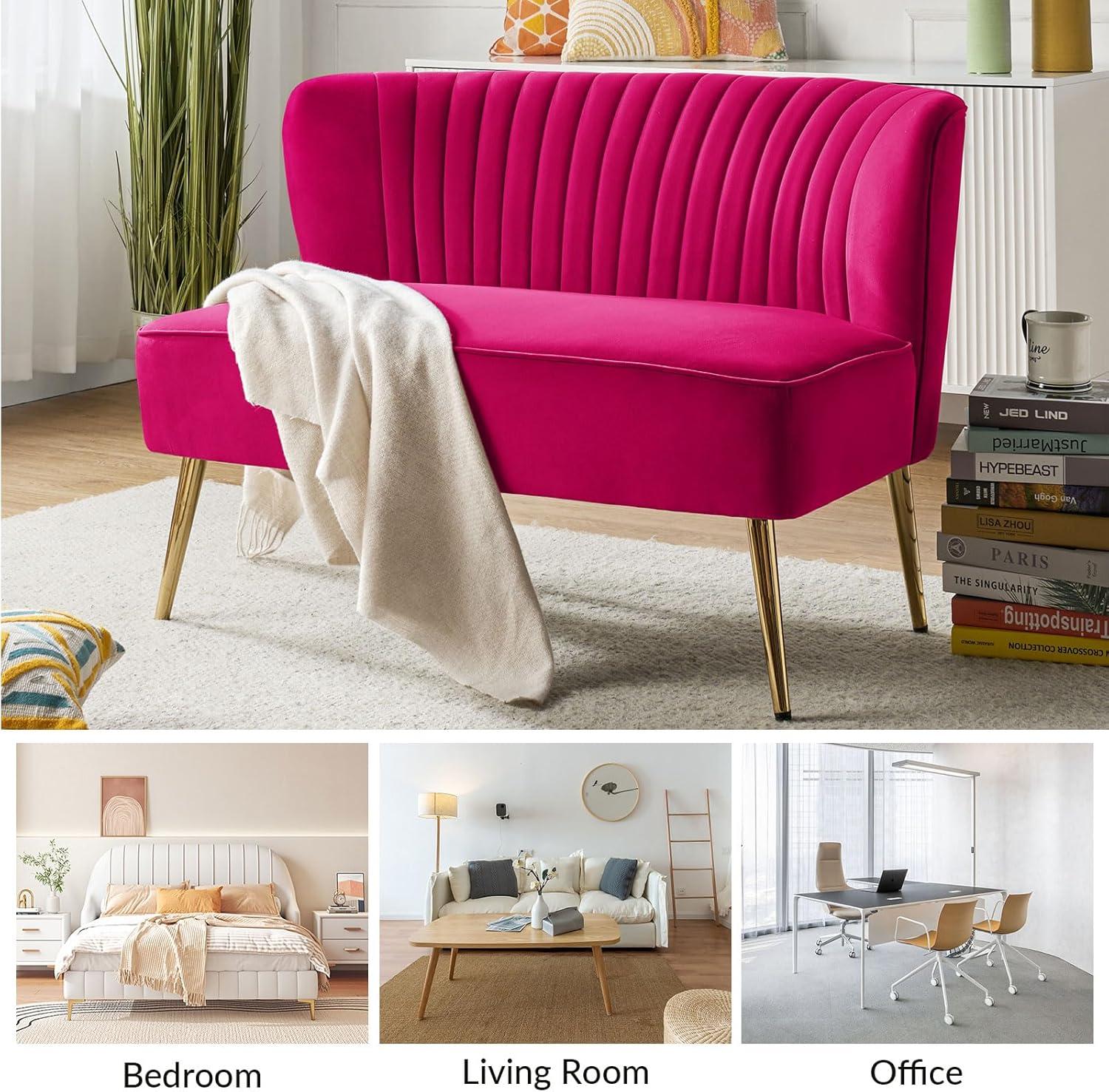 HULALA HOME Monica Modern Velvet Curved Tufted Back Loveseat with Metal Tapered Legs by  FUCHSIA