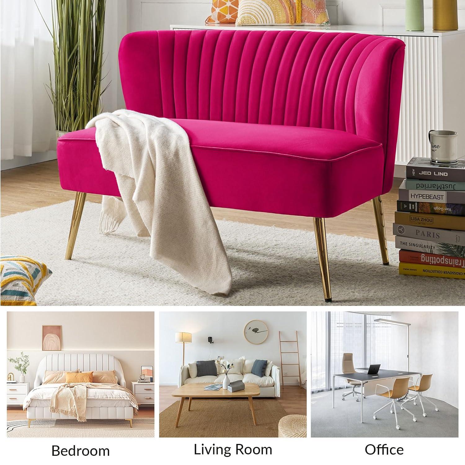 HULALA HOME Monica Modern Velvet Curved Tufted Back Loveseat with Metal Tapered Legs by  FUCHSIA