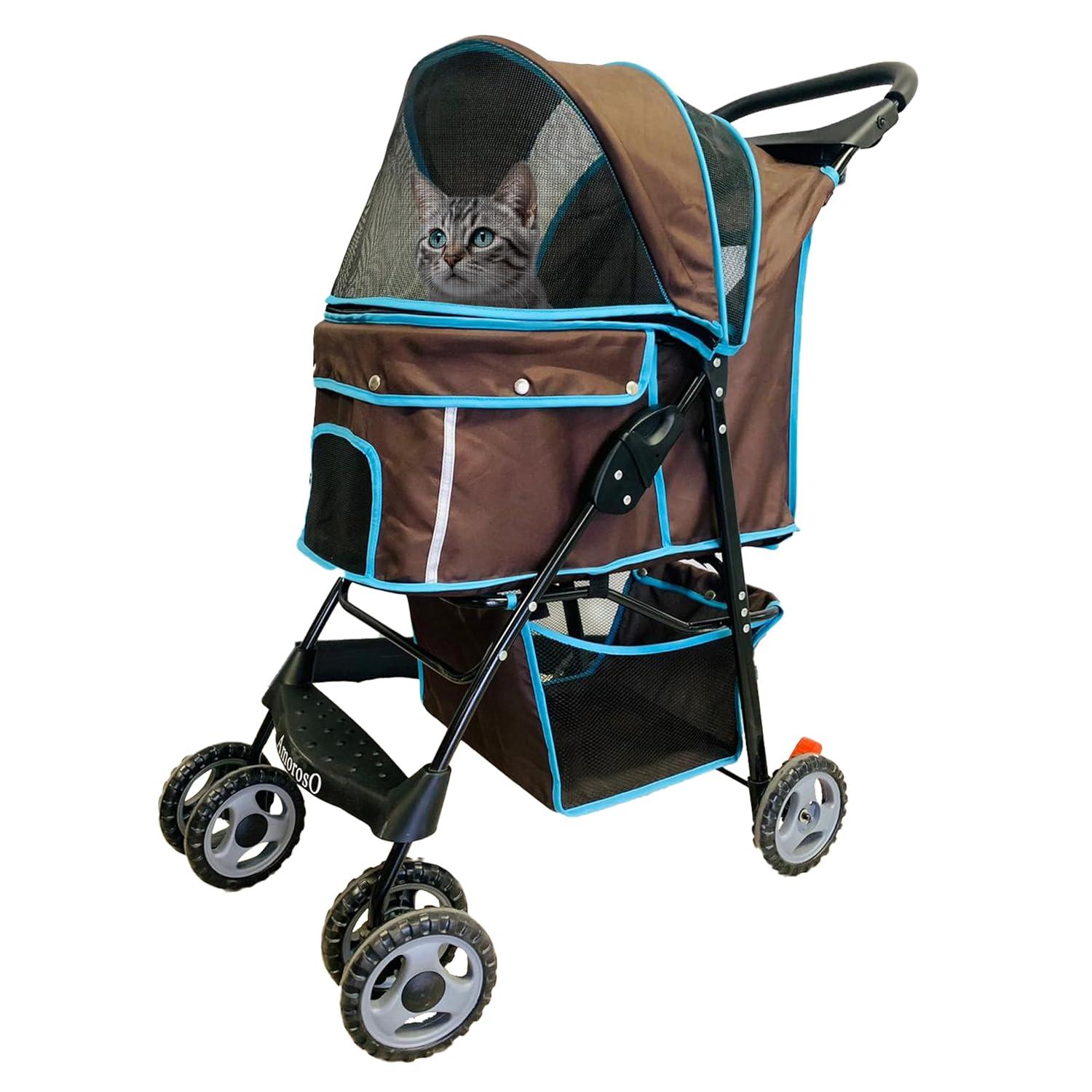 Brown and Turquoise Foldable Pet Stroller with Storage Basket