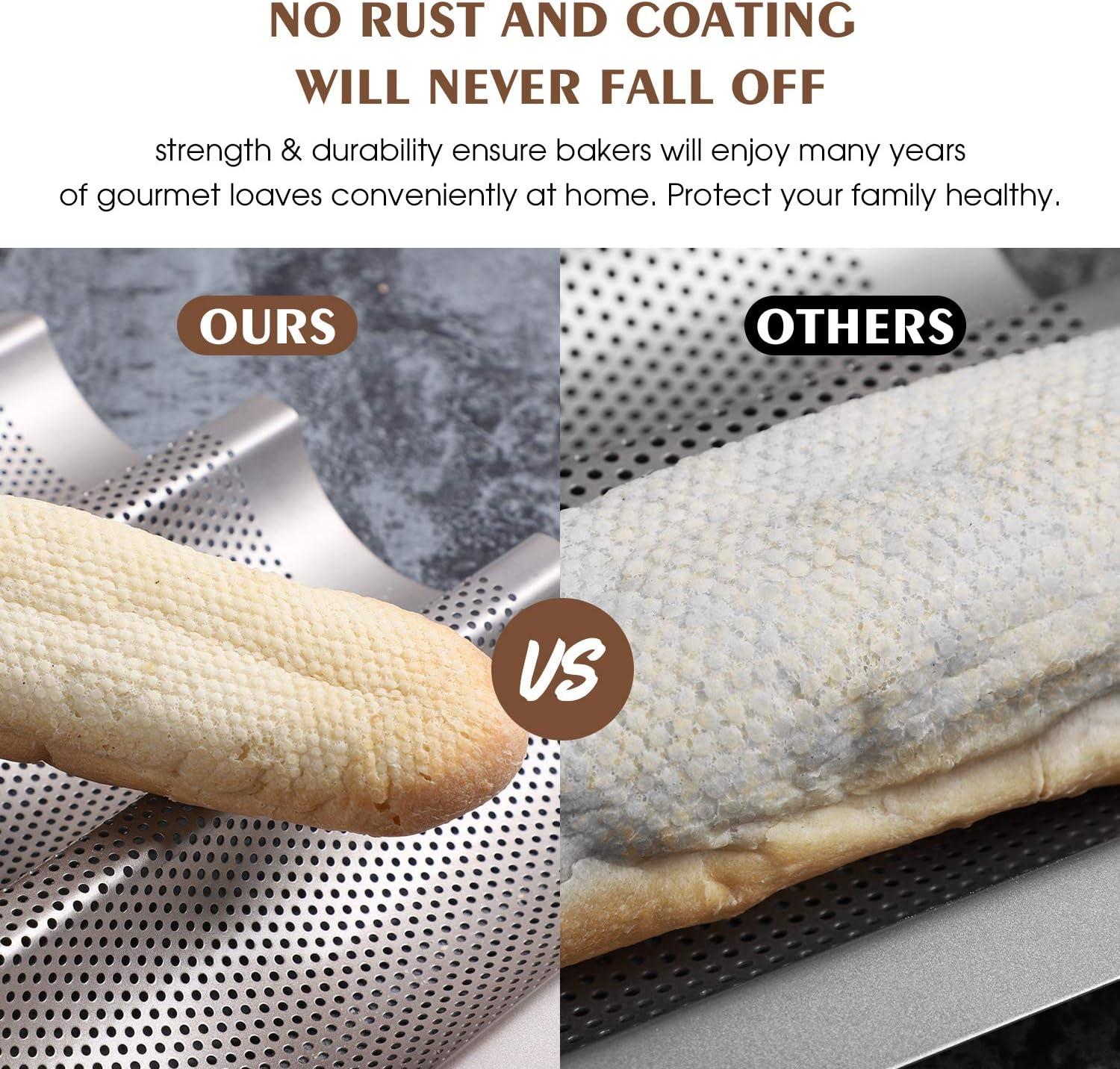 Baguette Pan, French Bread Pans For Baking Pan, Nonstick 3 Slots Perforated Italian Loaf Pan Mold Long French Bread Pan,Golden