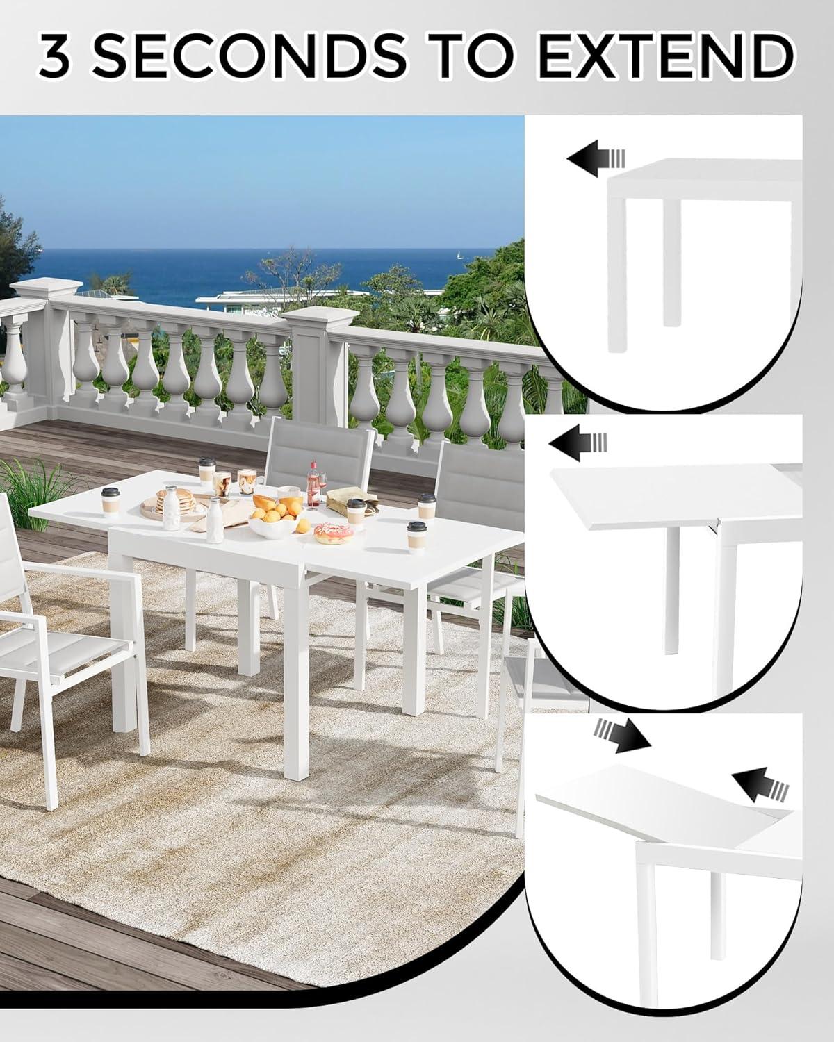 Garvee Expandable Outdoor Dining Table – Adjustable Patio Table for 4-6 People, Durable Aluminum Slat Frame for Backyard, Deck, and Porch, White
