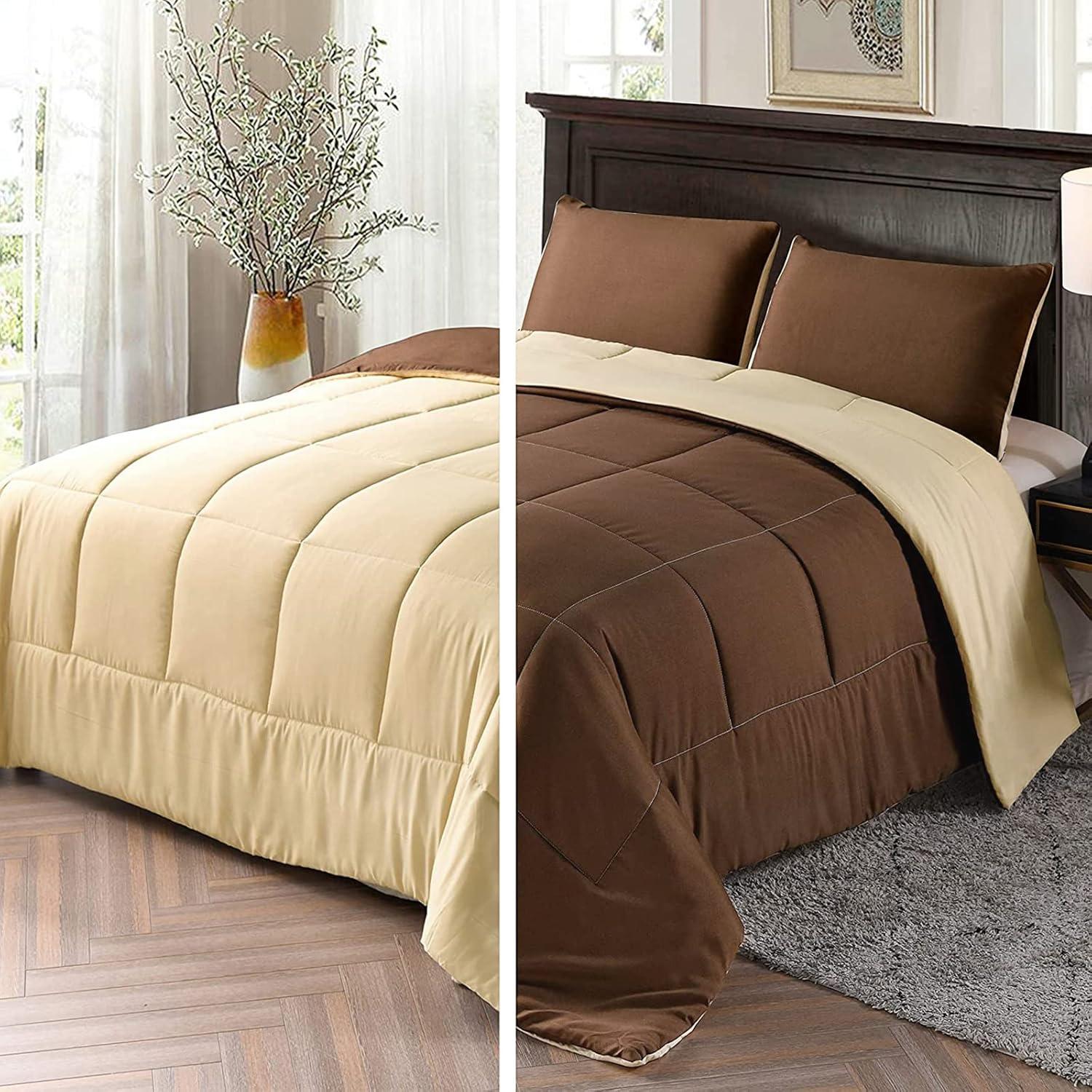 Exclusivo Mezcla Lightweight Reversible 3-Piece Comforter Set All Seasons, Down Alternative Comforter with 2 Pillow Shams, Queen Size, Brown/ Khaki