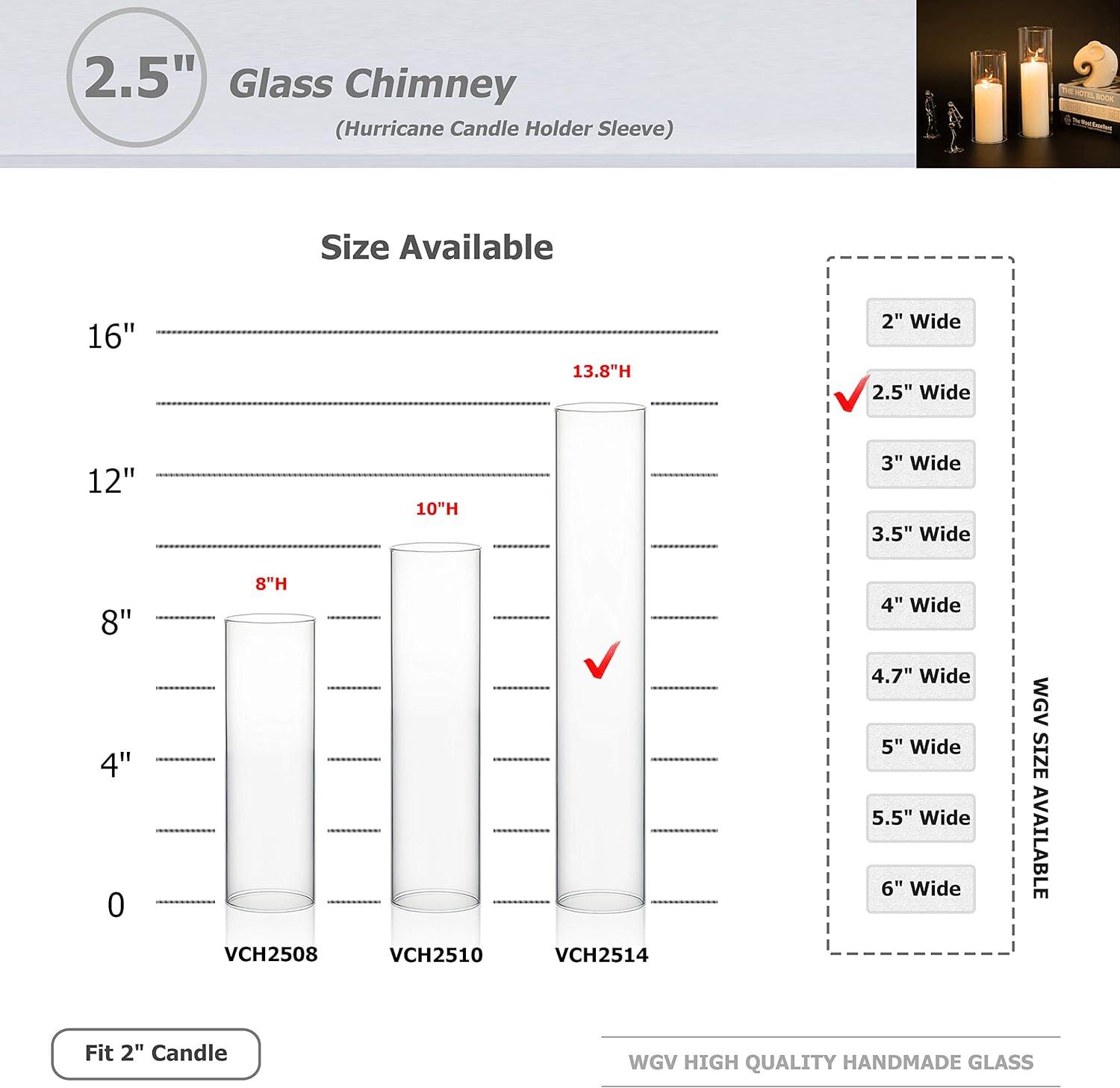 WGVI Hurricane Candle Holder Sleeve, Wide 2.5", Height 14", Clear Glass Cylinder Candleholder, Chimney Tube, Open Ended Candle Shade, 1 Piece