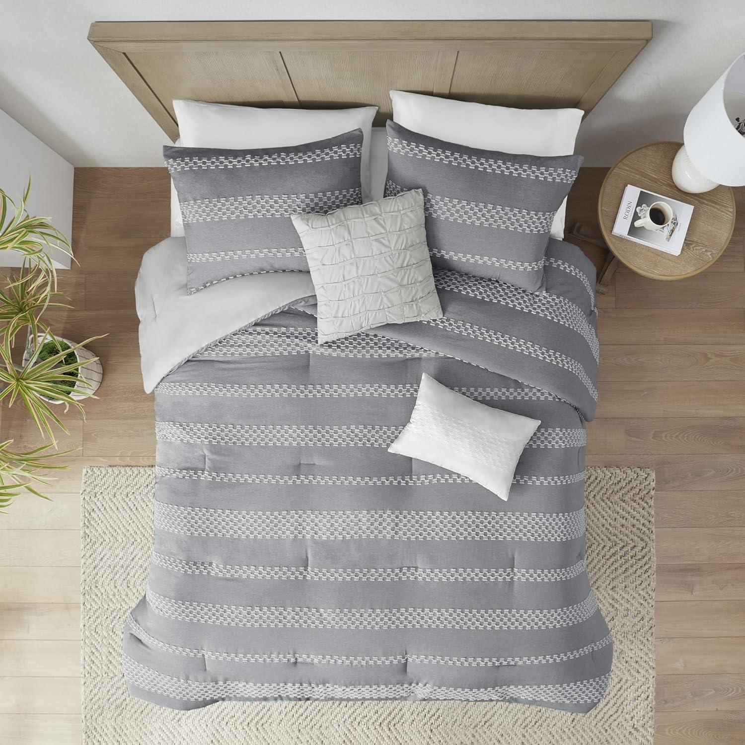 Madison Park Striped 5 Piece Clipped Jacquard Comforter Set with Throw Pillows