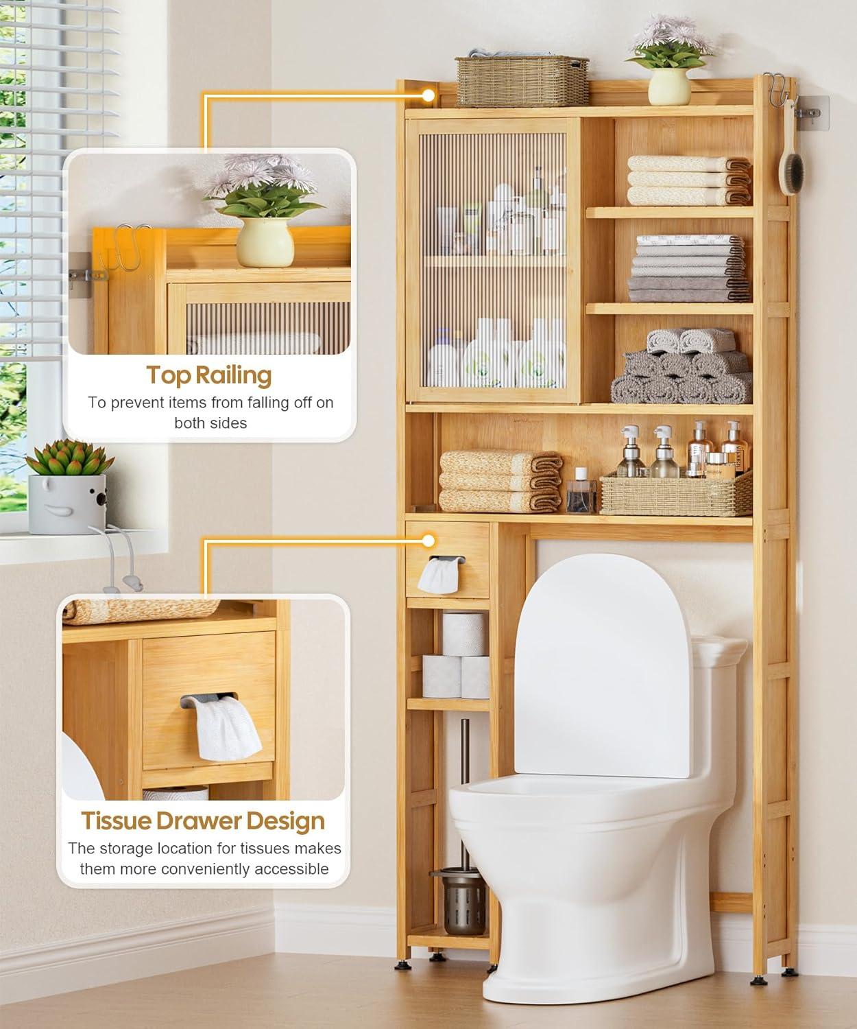 Latitude Run® Over The Toilet Storage Cabinet With Acrylic Door Panel And Paper Towel Drawer, Bamboo Space Saver Shelf, Bathroom Organizer Rack