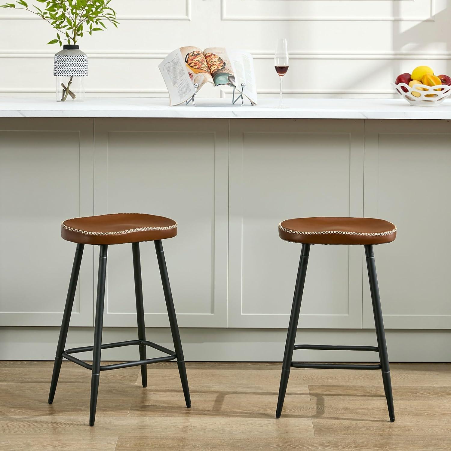 Adjustable Brown Faux Leather Saddle Bar Stools with Metal Legs