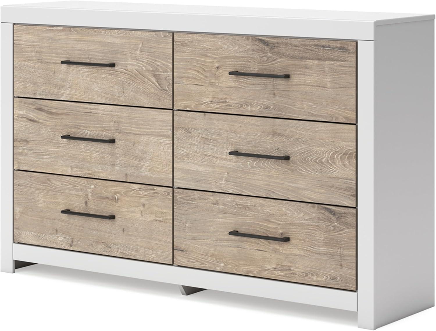 White and Light Brown Transitional 6-Drawer Dresser with Mirror