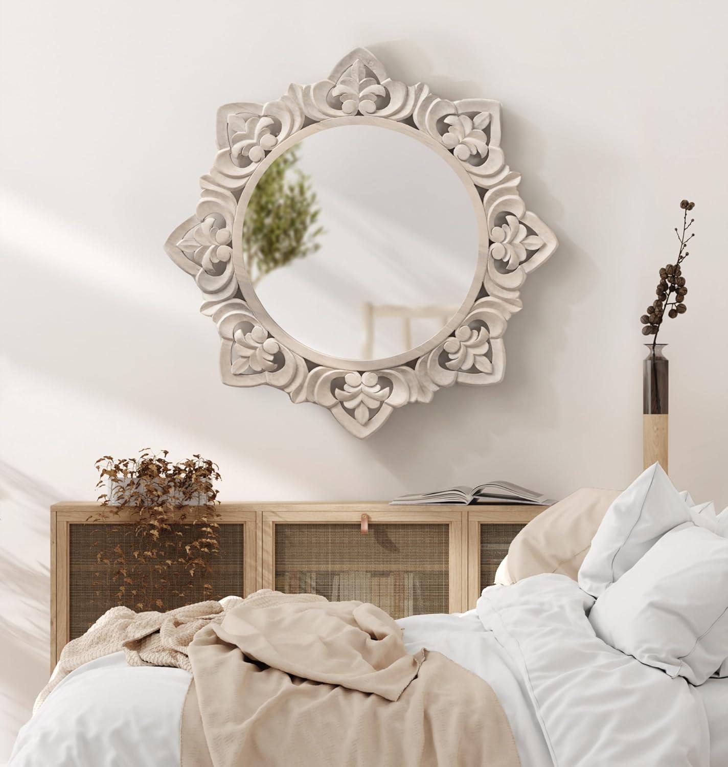 Kate & Laurel All Things Decor 28"x28" Meera Carved Wood Mirror Brown: Artisan Starburst, No Assembly