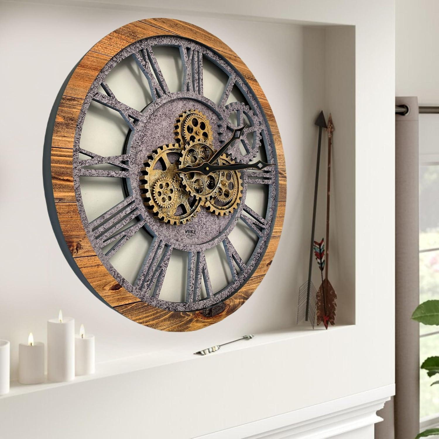 Wall Clock 24" Round Oversized for Living Room decor with Real Moving Gears America Collection