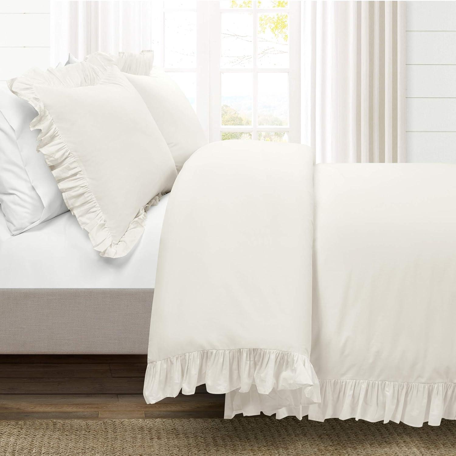 Off-White Ruffled Cotton Full/Queen Duvet Cover Set