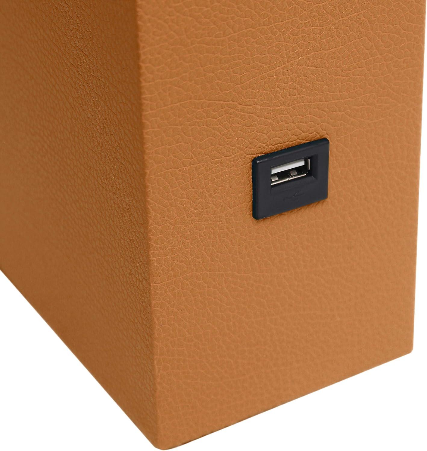 21" Lexington Leather Base Modern Home Decor Bedside Table Lamp with USB Charging Port and Fabric Shade Tan/White - Lalia Home: No Assembly