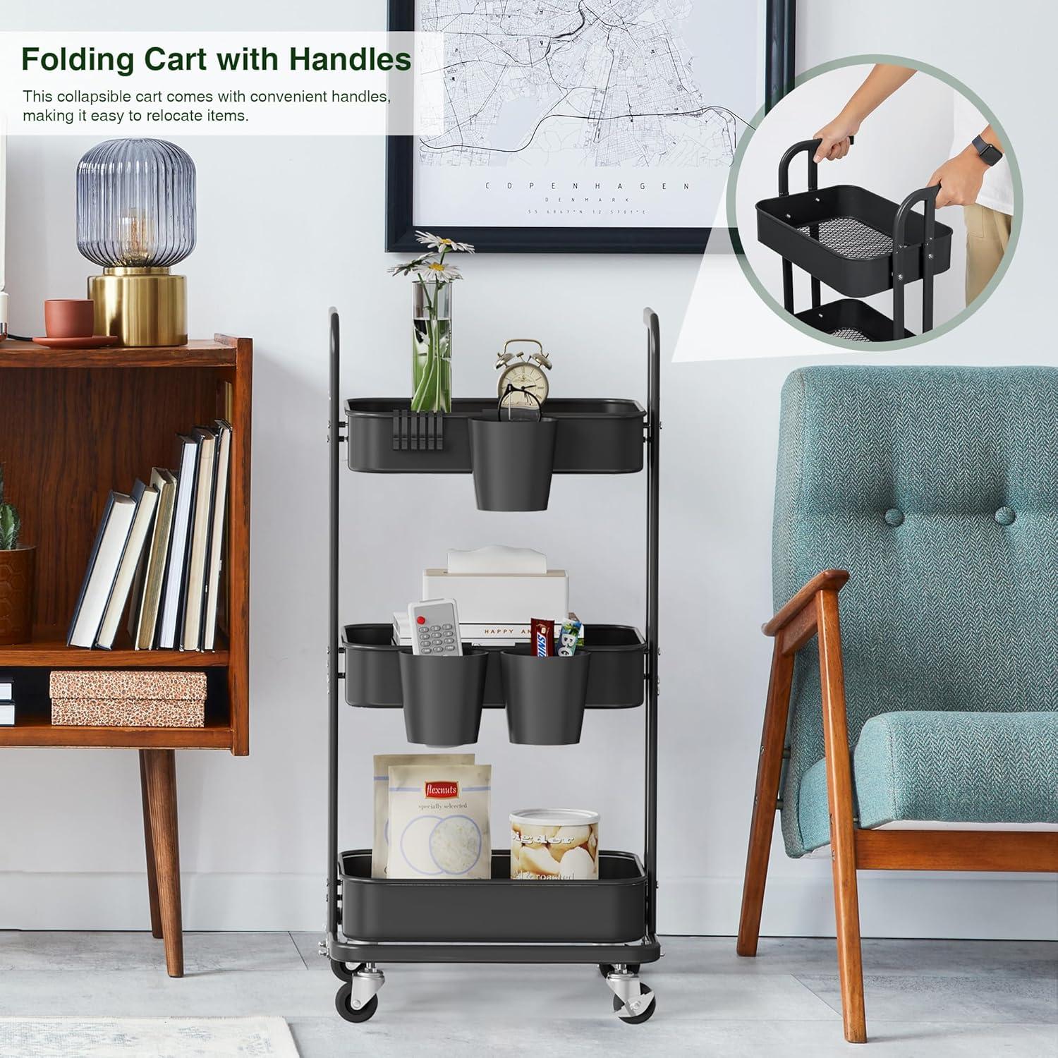 Wharick Foldable Storage Cart 3 Tier Rolling Cart with Wheels Folding Metal Cart Organizer with Handle Utility Cart with Basket for Kitchen Pantry, Classroom, Office