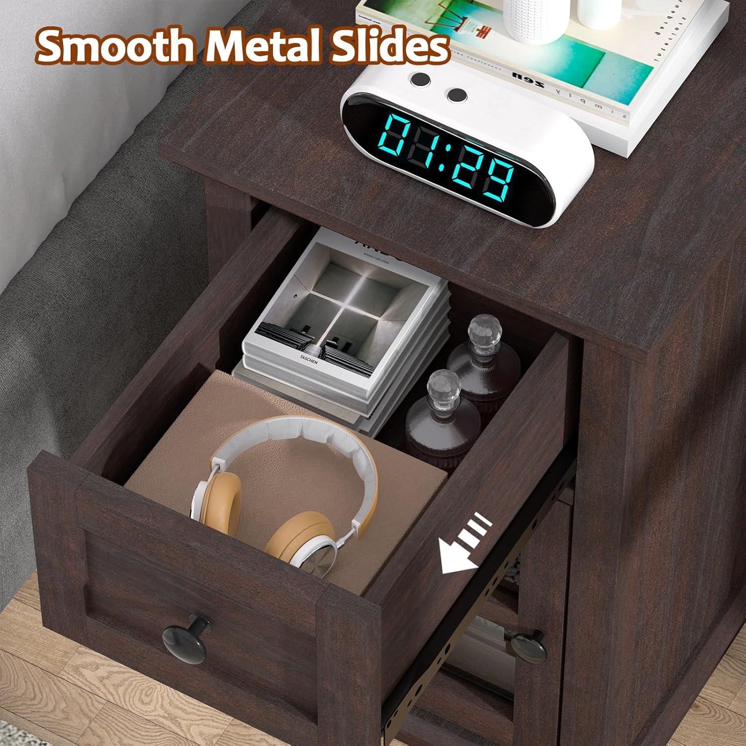 Espresso Wood End Table with Charging Station and Storage