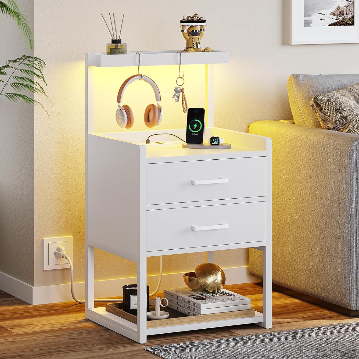 Nightstand with LED Lights and Charging Station, 2 Drawers Bedroom Night Stand, 2 USB Ports, 2 Outlets, Bed Side Table with Storage Shelves, White