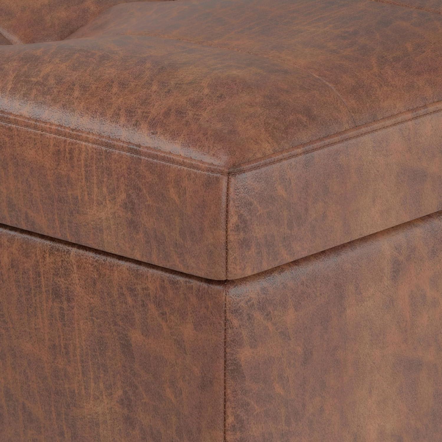 Simpli Home Shay 48 inch W. Modern Storage Ottoman in Distressed Saddle Brown Faux Leather