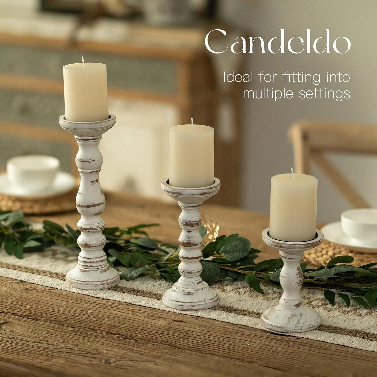 Whitewashed Pine Rustic Farmhouse Candle Holders Set of 3