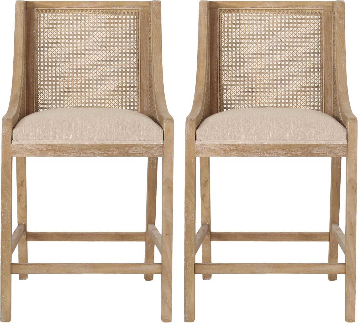 Beige Upholstered Wood and Cane Counter Stools, Set of 2