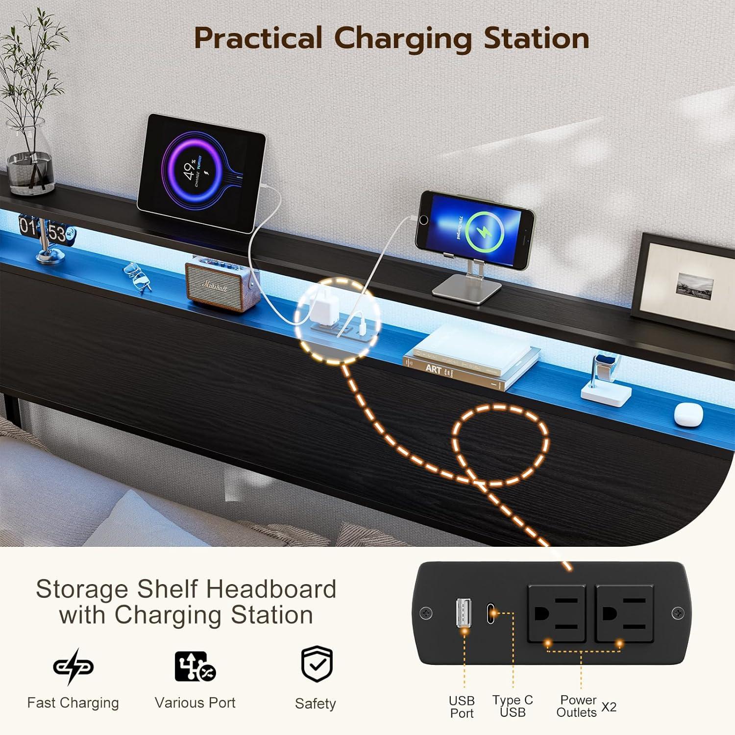 Ivy Bronx Kaiwei Storage Headboard With Led Lights & Charging Station - Industrial Metal And Wood
