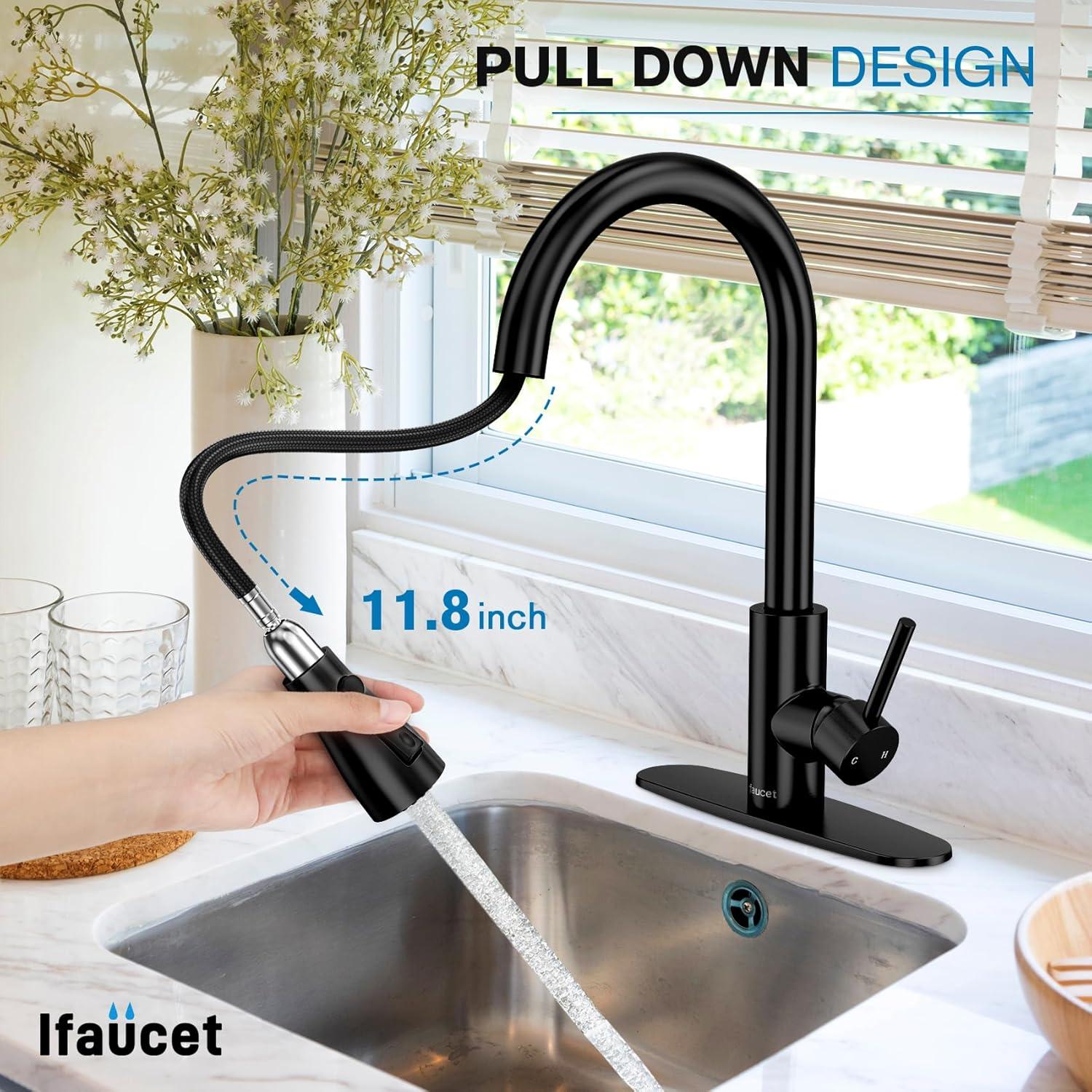 Black Kitchen Sink Faucet, Kitchen Faucet with Pull Down Sprayer, Stainless Steel Single Handle Faucet for Kitchen Sink with Deck Plate, Fitted for RV, Bar, Laundry, Apartments, Farmhouse