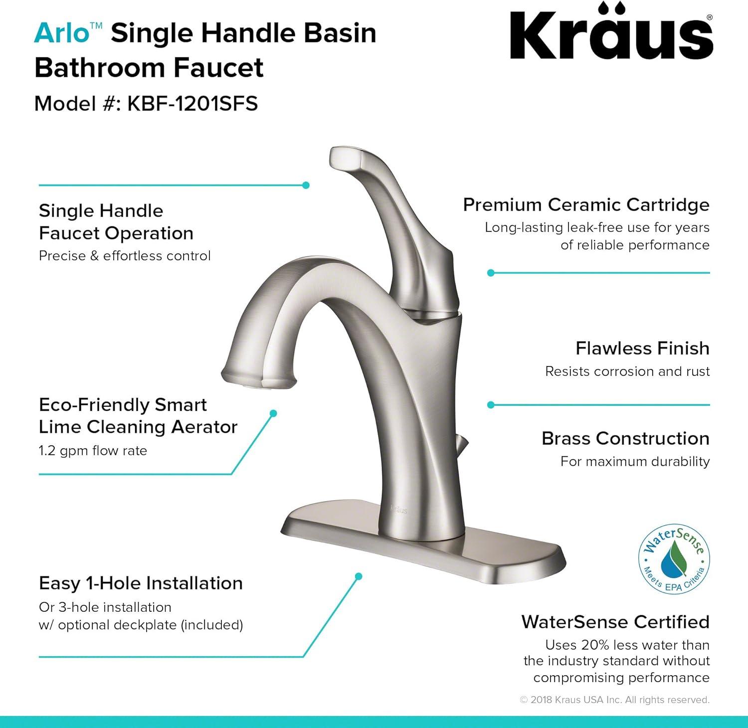 Kraus Arlo Single Hole 1-Handle WaterSense Bathroom Sink Faucet with Drain and Deck Plate