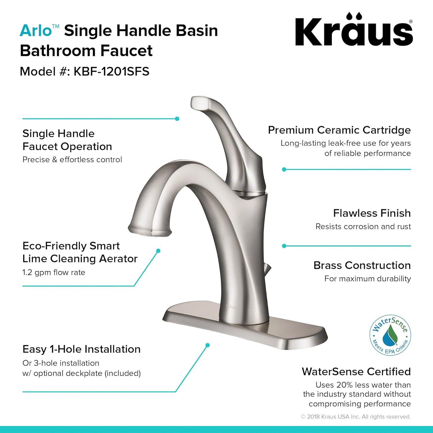 Kraus Arlo Single Hole 1-Handle WaterSense Bathroom Sink Faucet with Drain and Deck Plate