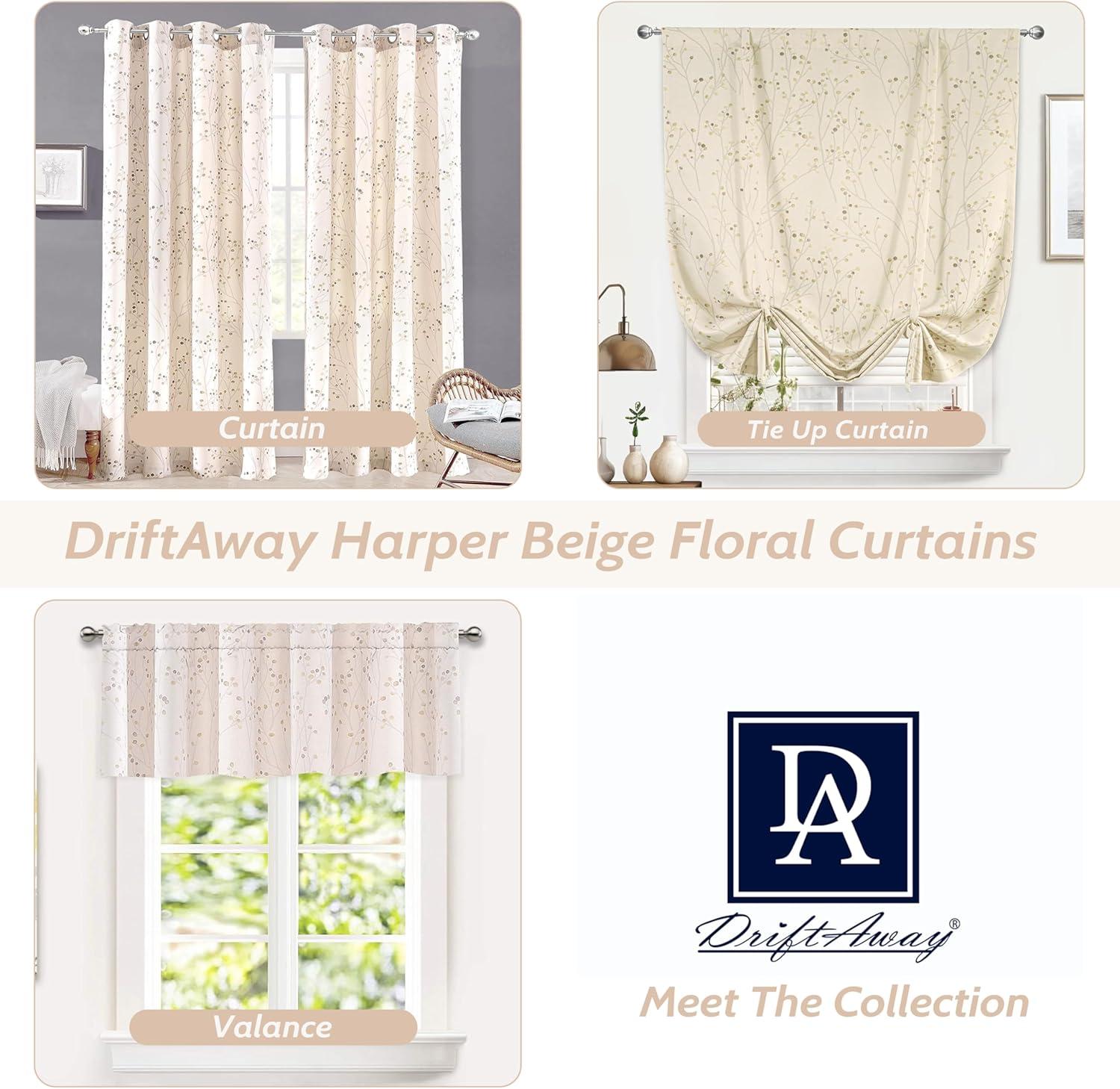 DriftAway Harper Floral Pattern Window Treatment Valance, Rod Pocket, 50"x18"+2" Header (Beige)