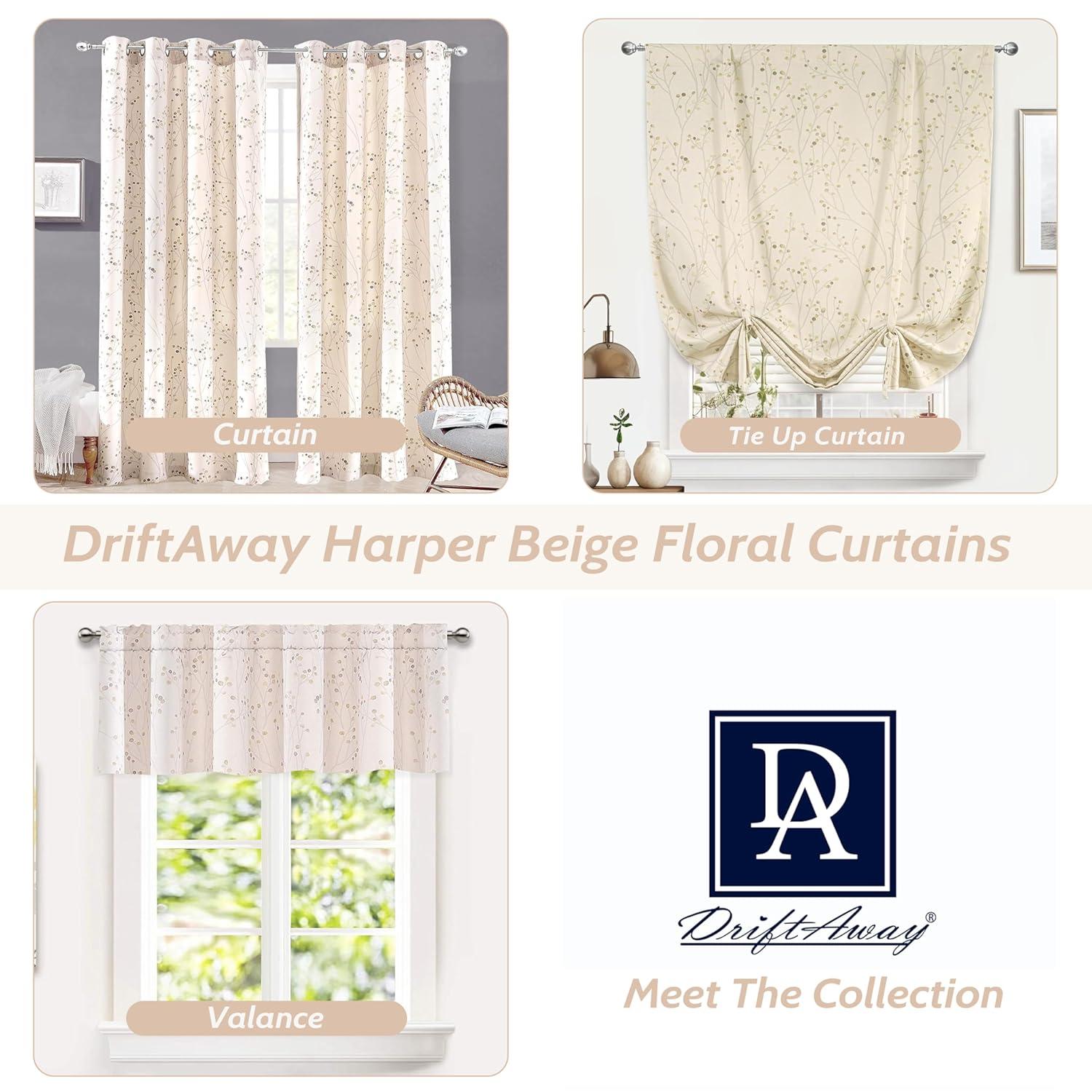 DriftAway Harper Floral Pattern Window Treatment Valance, Rod Pocket, 50"x18"+2" Header (Beige)