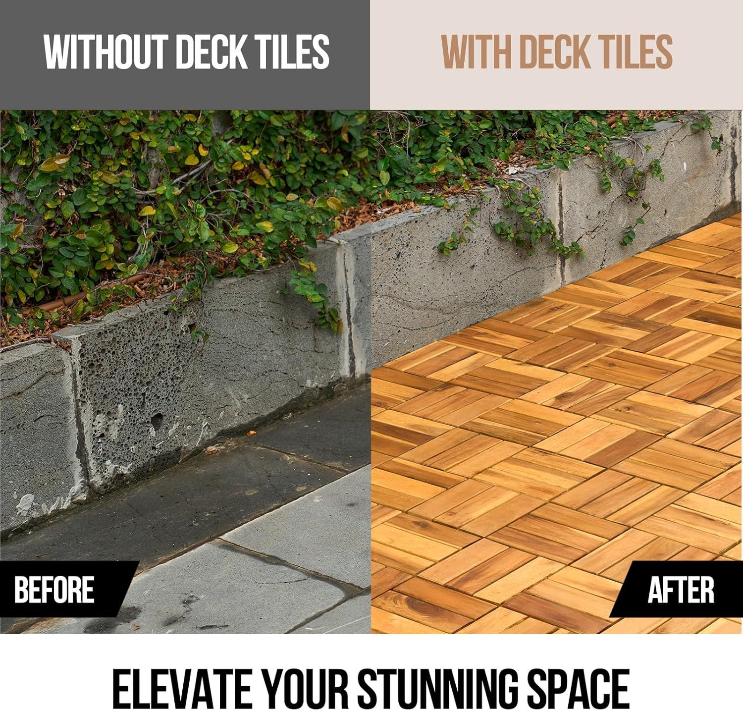 30 Pcs Premium Deck Tiles, Interlocking Deck Tile, Wooden Patio Flooring Outdoor Waterproof, Acacia Wood Decking All Weather for Balcony Indoor and Outdoor Use (Dark Brown, Round Joints)