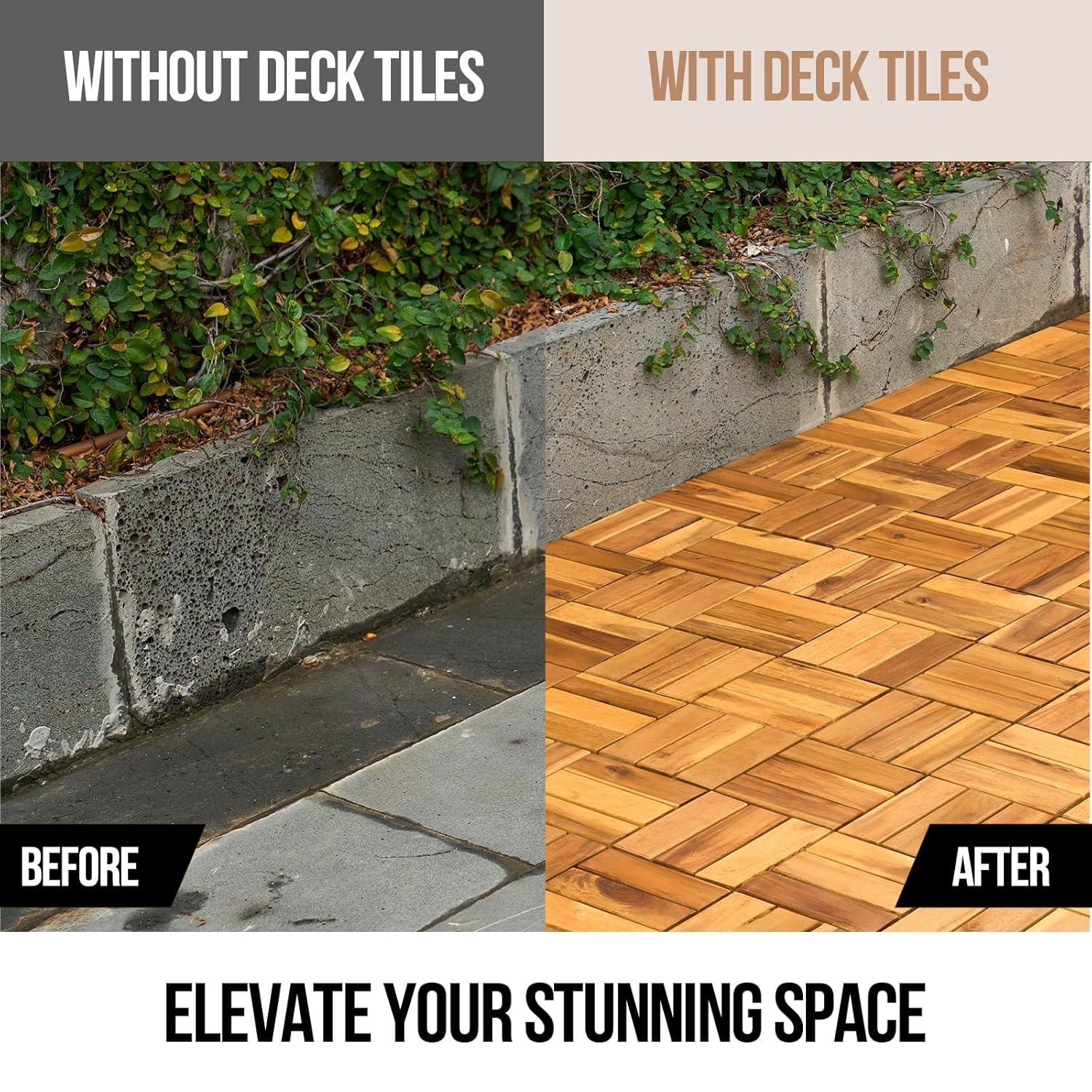 30 Pcs Premium Deck Tiles, Interlocking Deck Tile, Wooden Patio Flooring Outdoor Waterproof, Acacia Wood Decking All Weather for Balcony Indoor and Outdoor Use (Dark Brown, Round Joints)