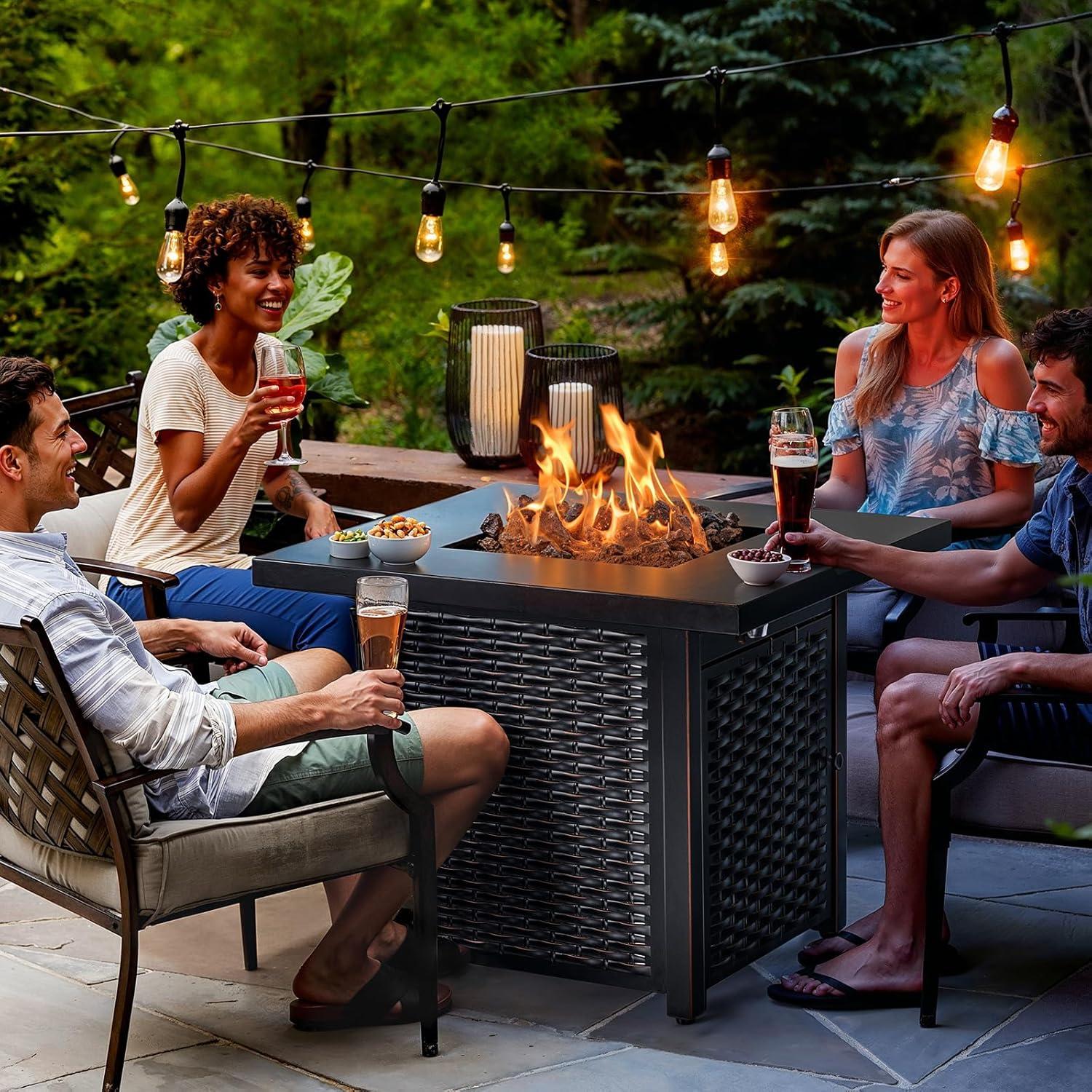 32-Inch Black Steel Gas Fire Pit Table with Lid