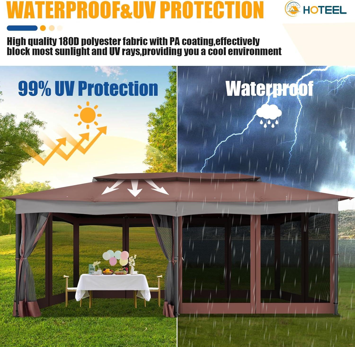 HOTEEL 10x20 Gazebo on Clearance, Outdoor Gazebo Tent with Mosquito Netting and Ventilated Double Flat Roof, Easy Set up Canopy Tent with Stable Metal Frame for Patio, Khaki (Upgraded 2.0)