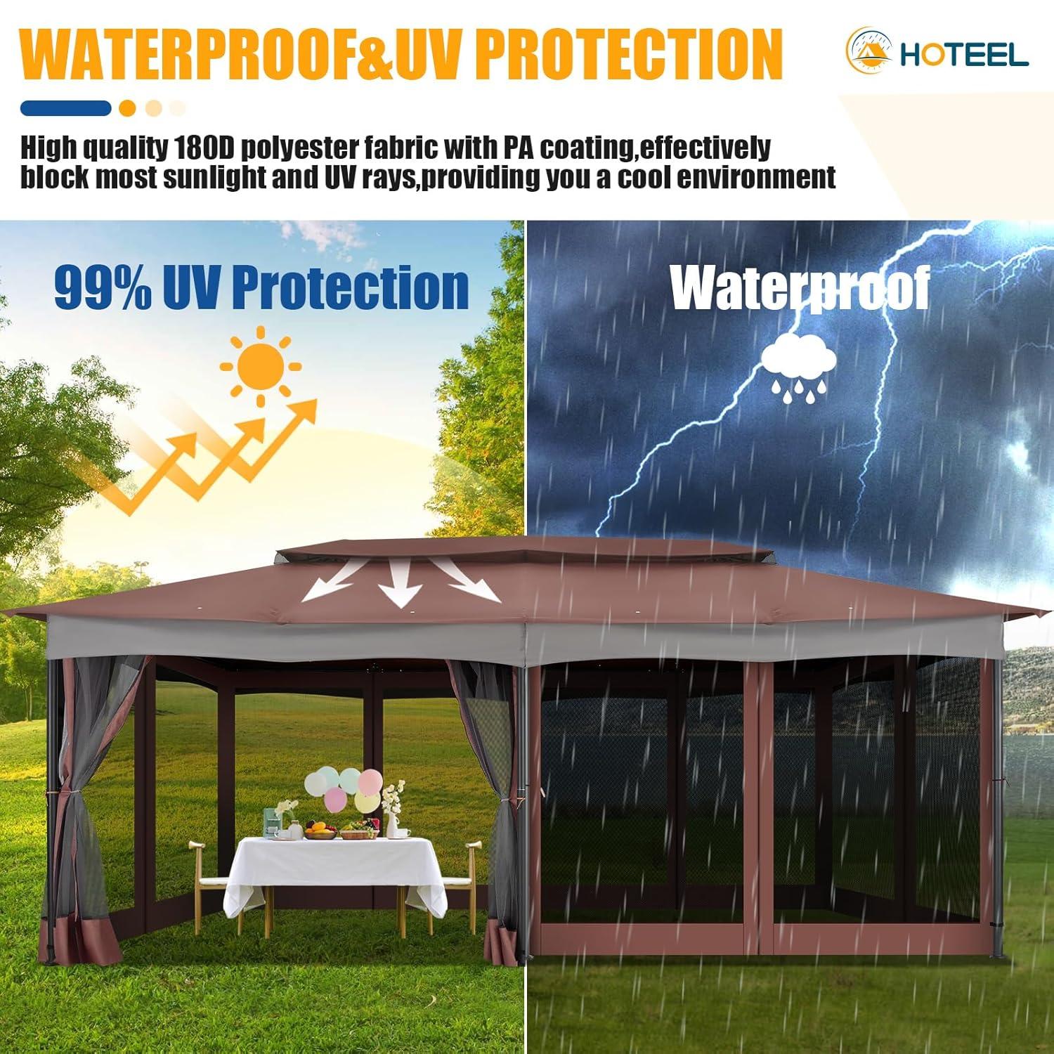 HOTEEL 10x20 Gazebo on Clearance, Outdoor Gazebo Tent with Mosquito Netting and Ventilated Double Flat Roof, Easy Set up Canopy Tent with Stable Metal Frame for Patio, Khaki (Upgraded 2.0)