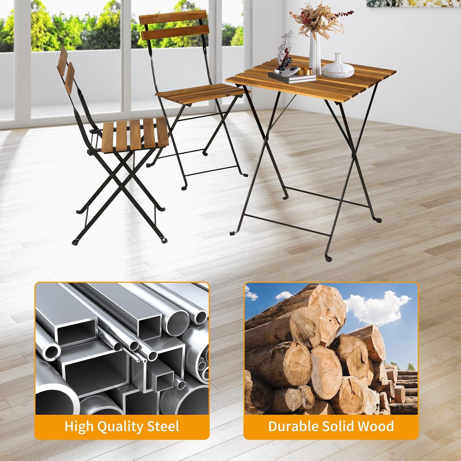 BestMassage 3 Piece Bistro Set Folding Chairs Table with Weather-Resistant Wood, Natural