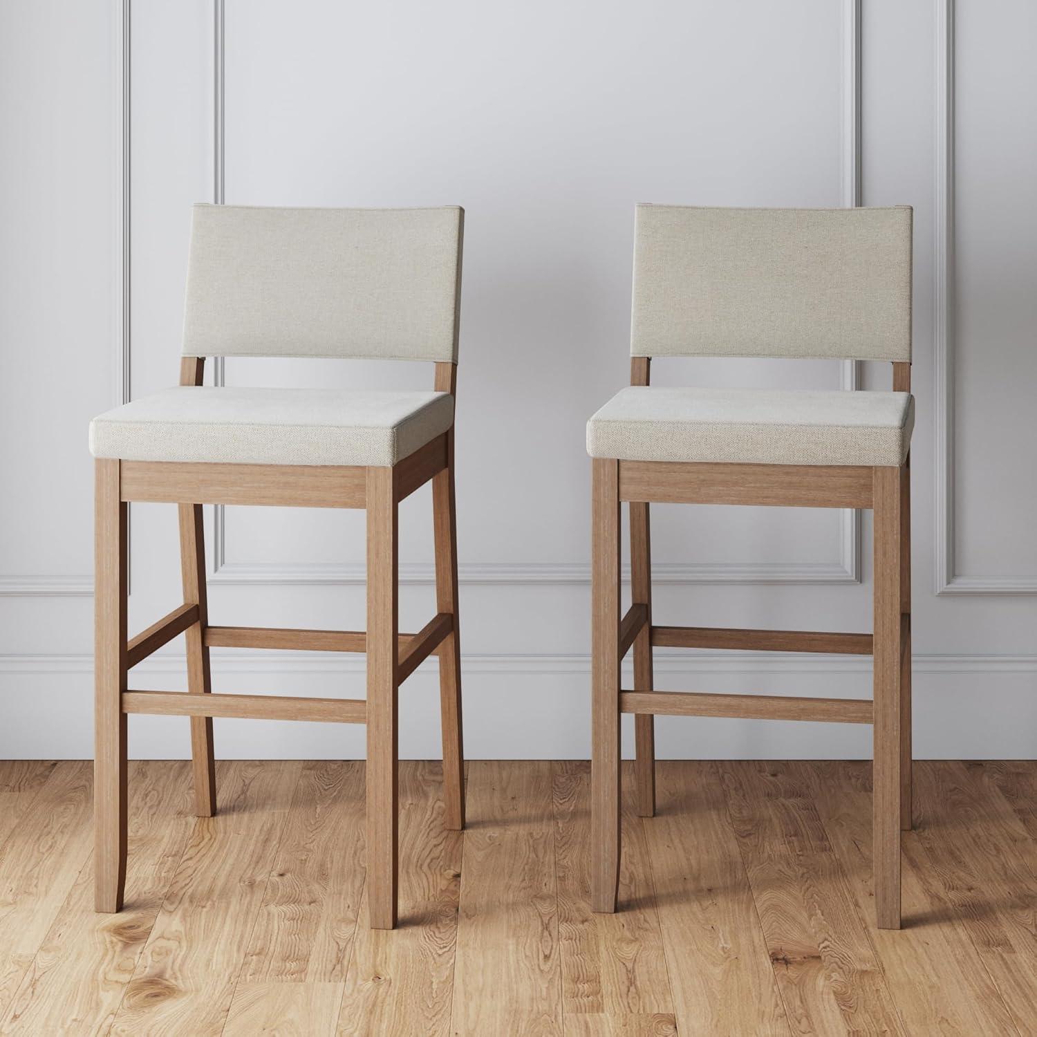 Natural Flax and Light Brown Upholstered Bar Stools, Set of 2