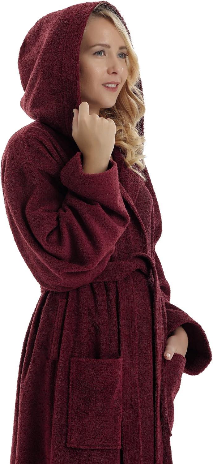 Women's Small Burgundy Cotton Hooded Full Length Bathrobe